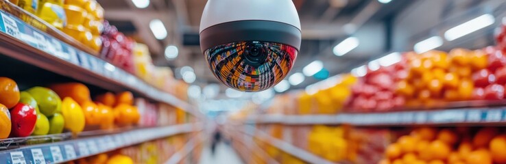 A close-up of an over-the-shoulder camera view capturing the dynamic and bustling atmosphere inside a grocery store, with shelves filled with colorful products in focus