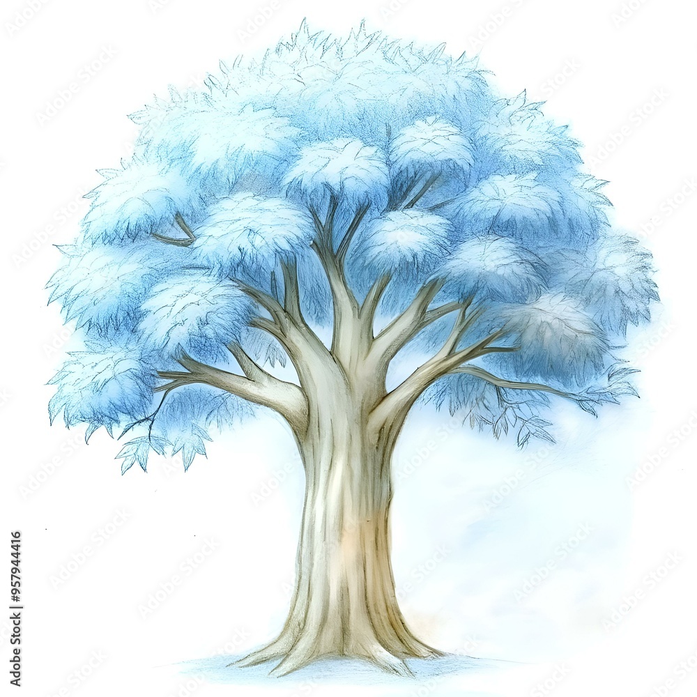 Poster a whimsical 3d illustration of a sassafras tree with delicate blue leaves. perfect for adding a touc