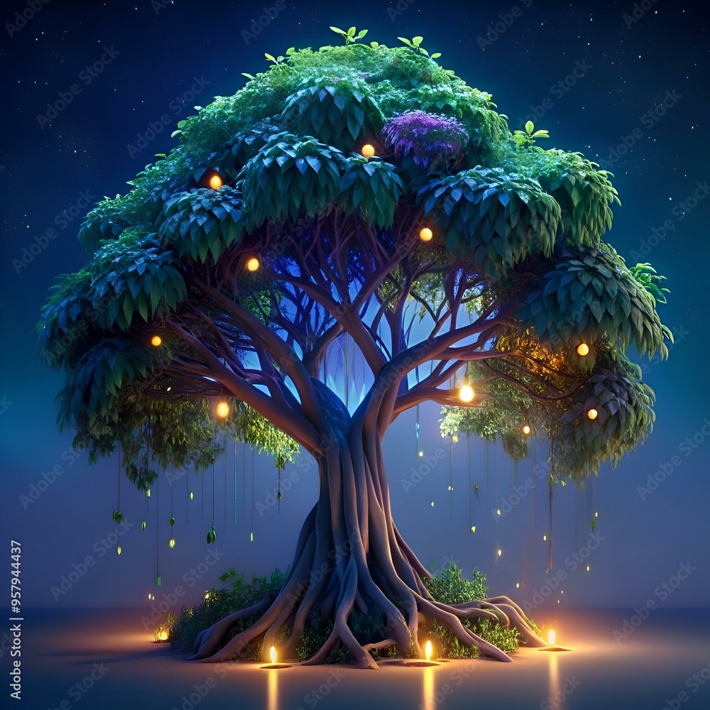 Poster a mesmerizing 3d illustration of a glowing banyan tree. with intricate roots and a canopy adorned wi