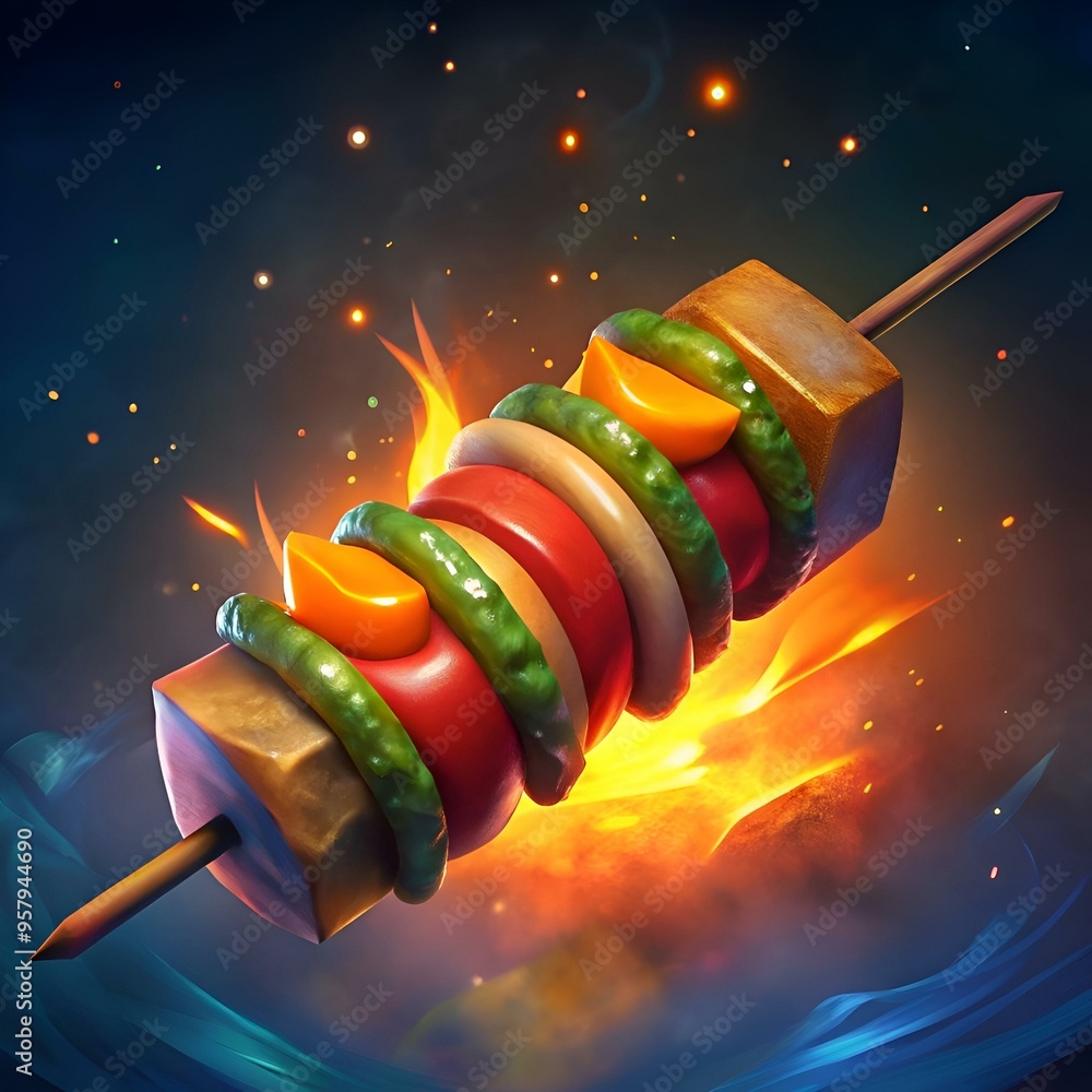 Poster a vibrant and playful 3d illustration of a shish kebab. perfect for adding a touch of fun and appeti
