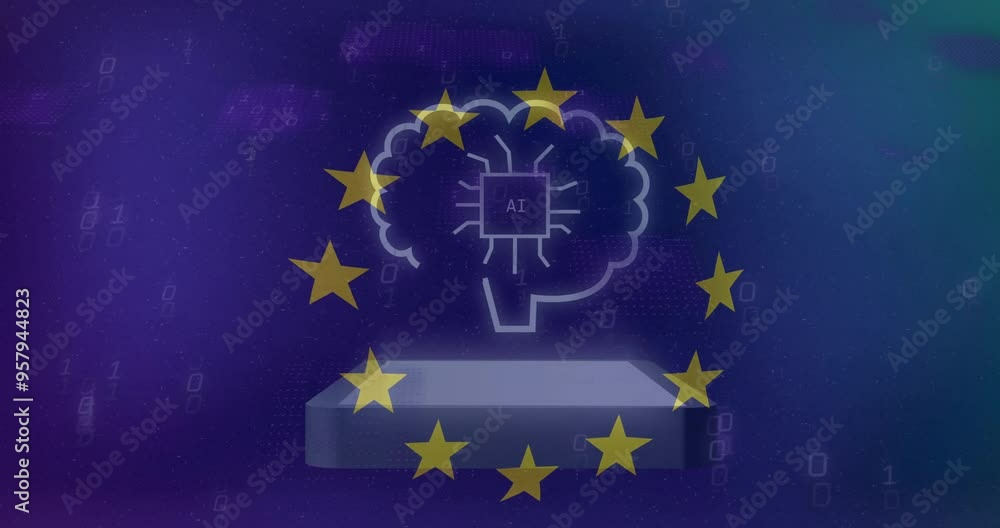 Poster ai brain with microchip surrounded by eu stars over digital background