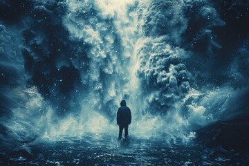 Fototapeta premium Waterfall and Human Silhouette powerful cascading down misty spray
