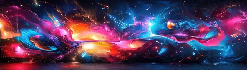 A vibrant street mural depicting a fusion of futuristic technology and classic abstract art