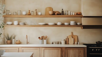 Minimalist Kitchen with Open Shelving and Neutral-Toned Decor