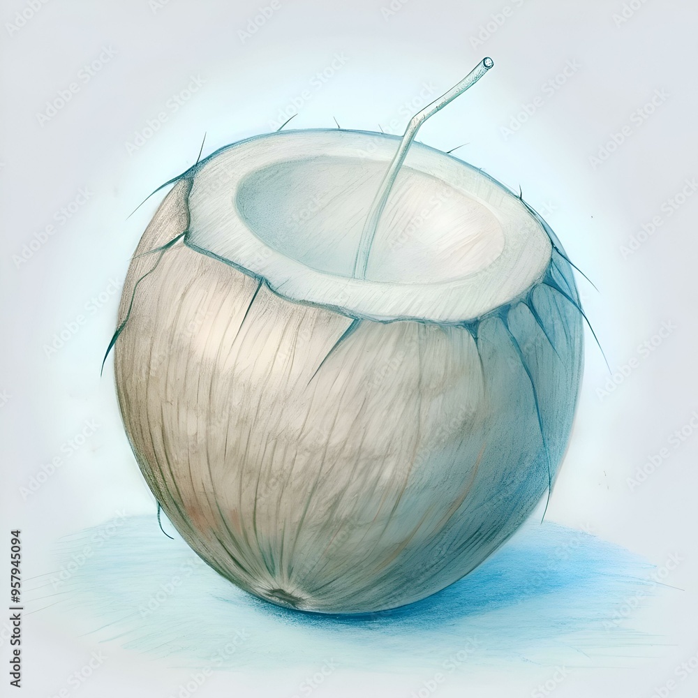 Poster a charming and whimsical 3d illustration of a coconut with a straw. perfect for adding a touch of tr
