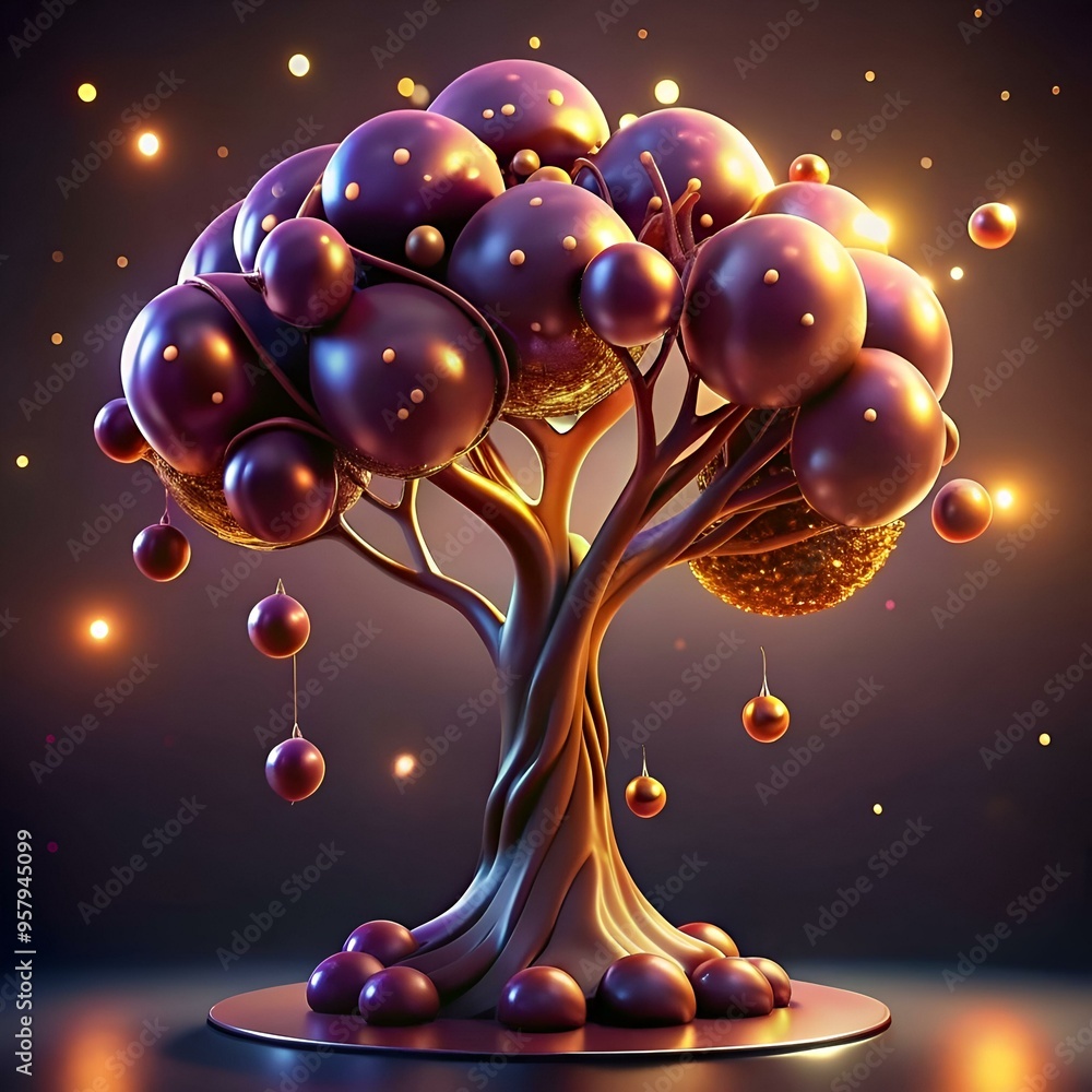 Aufkleber surreal and enchanting. this 3d rendering of a tree with iridescent orbs and shimmering gold accents