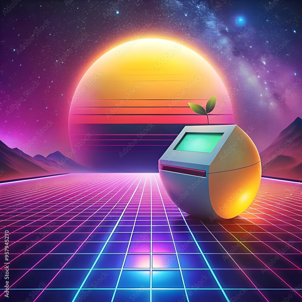 Poster a futuristic. 3d rendered quince with a glowing screen and a sprout emerging from its top. set again