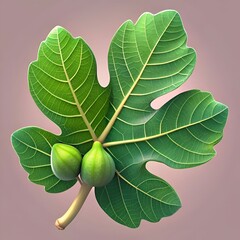Fototapeta premium A stunning 3D illustration of a vibrant fig leaf with two small. green figs.