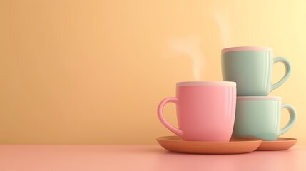 Colorful cups steaming on a pastel surface, perfect for cozy mornings or coffee breaks, adding warmth to any setting.