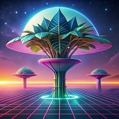A surreal 3D illustration of a futuristic Kudzu plant. bathed in the glow of a neon sunset.
