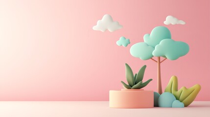 A charming 3D illustration of colorful trees and plants against a soft pink background, perfect for nature-themed designs.