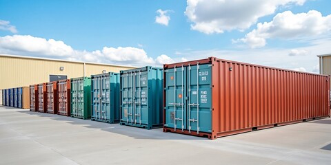 Fototapeta premium Mini colorful metal self storage facilities rental units, warehouse exterior, industry garage building.