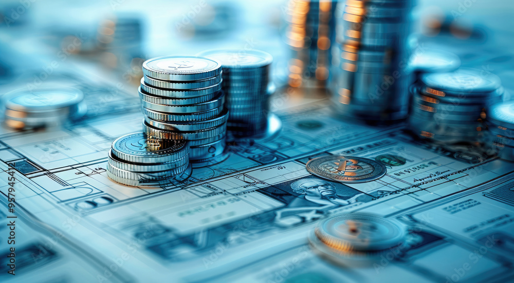 Aufkleber abstract blueprint or architectural design made up of currency symbols, coins, and financial charts,