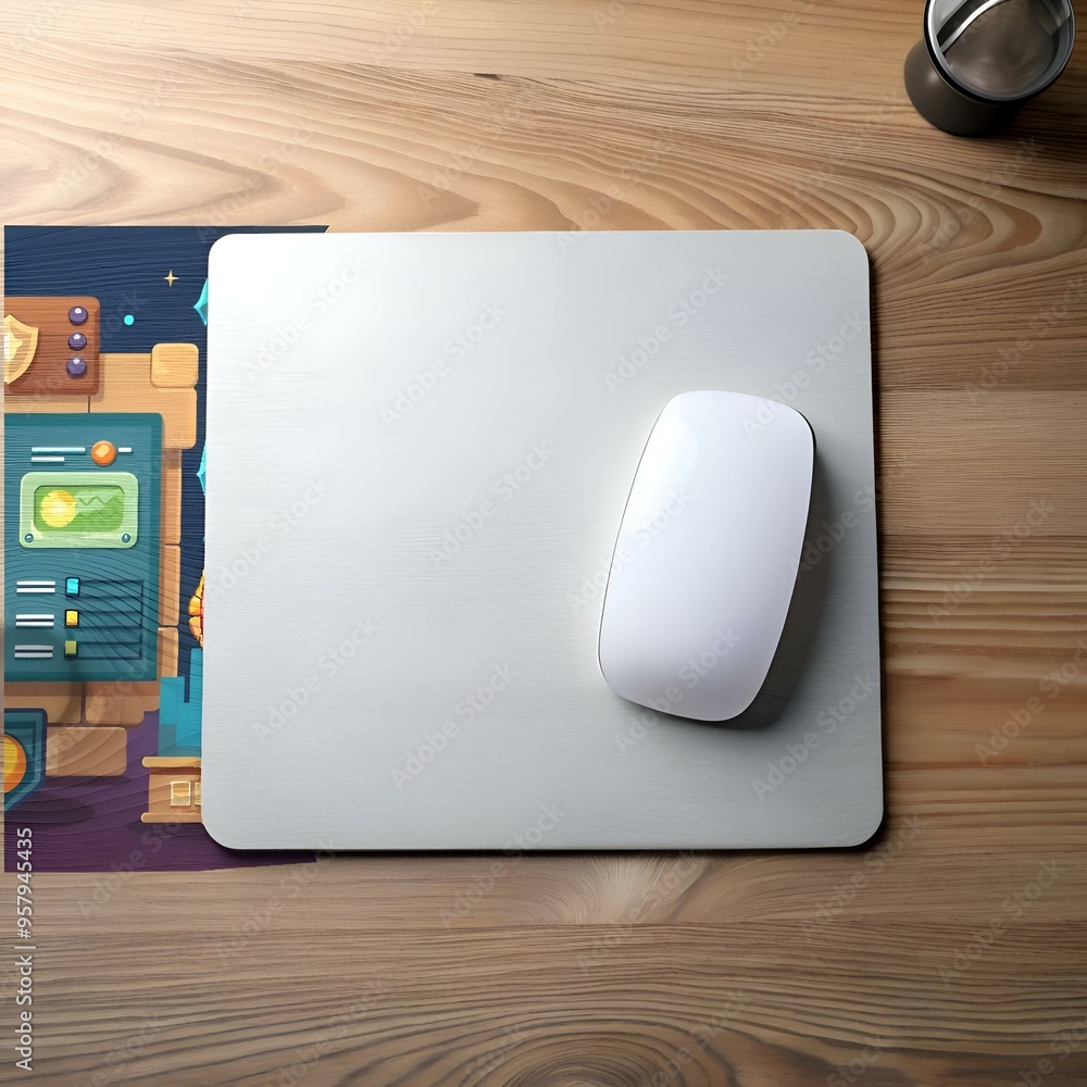 Poster a clean. modern desk setup with a white mouse resting on a metallic mousepad.