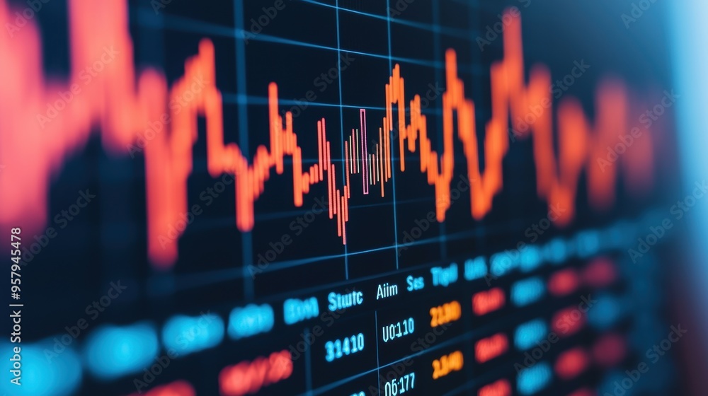 Poster digital investor presentation graphs displayed on screen with copy space, selective focus in foregro