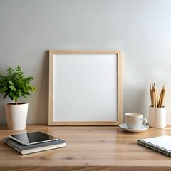 Fototapeta premium A minimalist wooden desk with a framed mockup. a plant. a notepad. a cup of coffee. and a tablet.