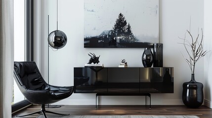 Minimalist Elegance: Modern Living Room with Black Commode, Mock-Up Art, and Luxe Decor