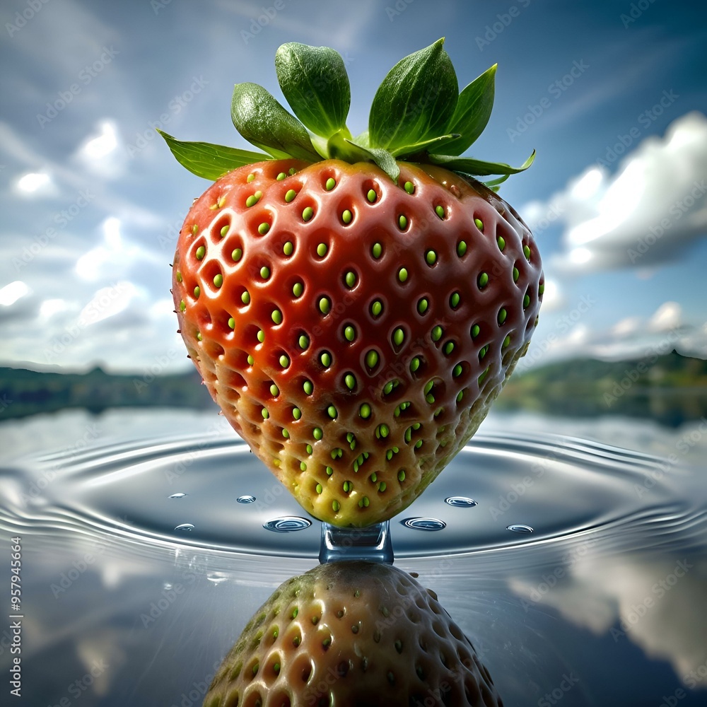 Poster a 3d illustration of a vibrant red strawberry floating on water. creating a ripple effect.