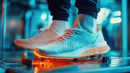 Athlete customizing 3D printed shoes for personal fit and comfort, augmented reality interface, bright indoor environment