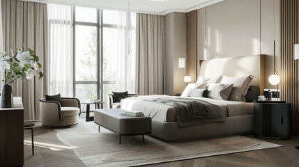 Contemporary hotel room with sleek furniture, Clean lines, Large windows with natural light, Neutral tones, Calm and sophisticated mood.