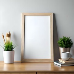 A clean and simple mockup featuring a blank framed picture. a potted plant. and a coffee mug on a wooden desk.