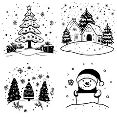 Fototapeta premium Charming Black and White Christmas Illustrations Trees, House, Snowman
