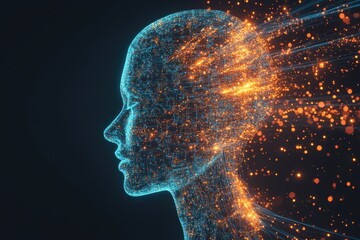 Obraz premium A futuristic digital representation of a human head, composed of intricate circuitry and glowing