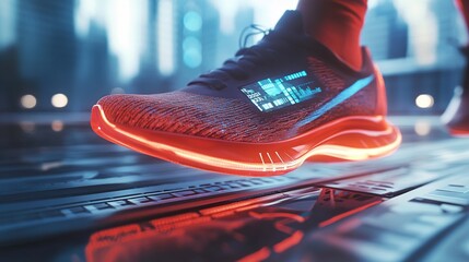 Close-up of smart running shoes with integrated digital screens on the sides, displaying fitness data, futuristic design elements
