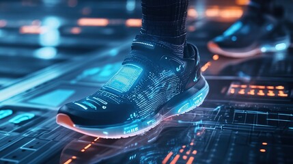 Close-up of smart running shoes with integrated digital screens on the sides, displaying fitness data, futuristic design elements
