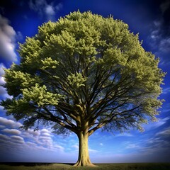 Fototapeta premium A majestic 3D rendering of a solitary American Holly tree. standing tall against a backdrop of vibrant blue skies and fluffy white clouds.