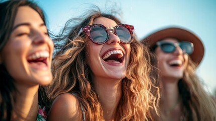 Group of friends laughing and having fun outdoors together, A joyful image that is popular in lifestyle, travel and entertainment.