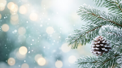 Christmas frosted pine tree branches with snow background, snowy bokeh background for a festive atmosphere.