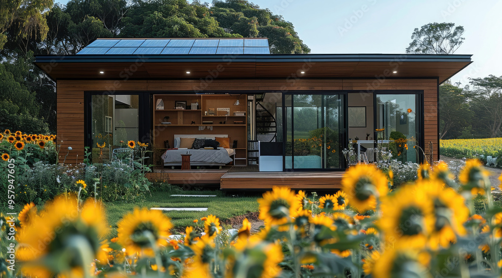 Poster modern tiny prefab with flat roof solar panels, sunflower field in the background. generative ai.
