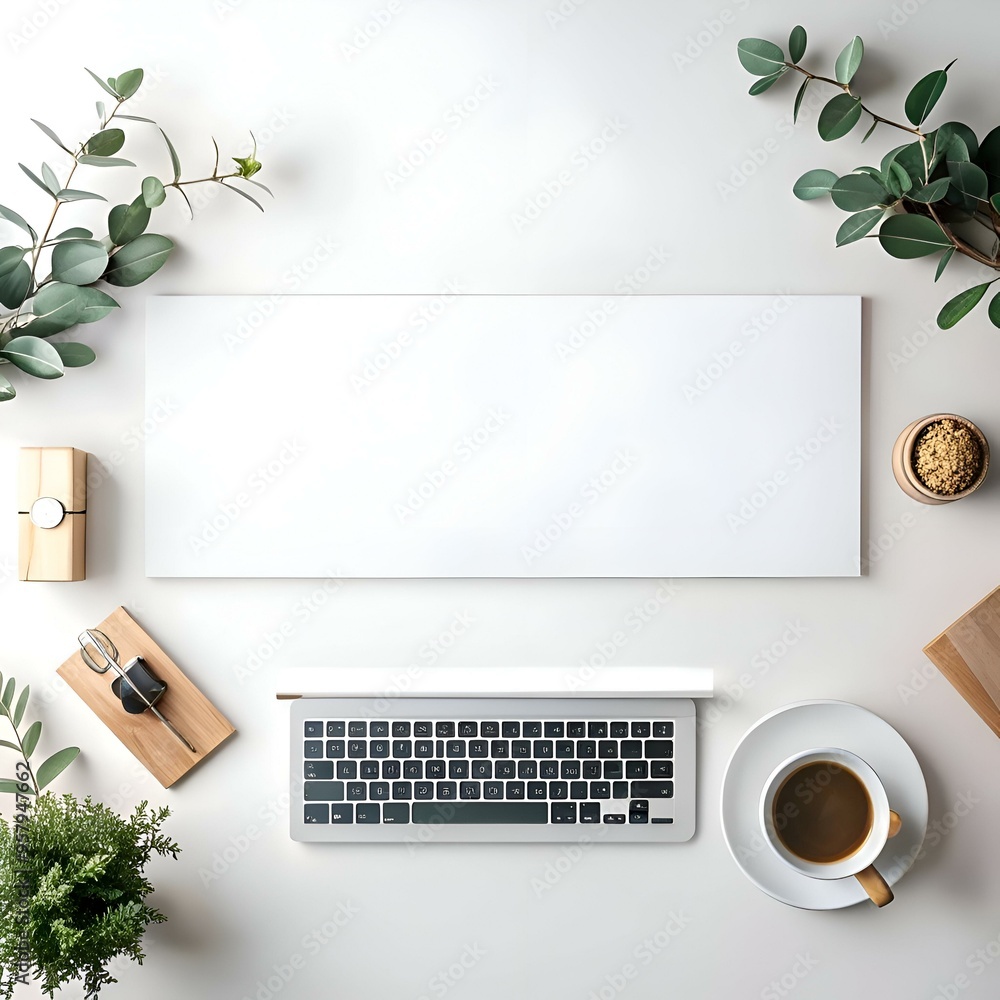 Poster clean and minimal workspace mockup with a blank white surface. keyboard. coffee cup. and greenery.
