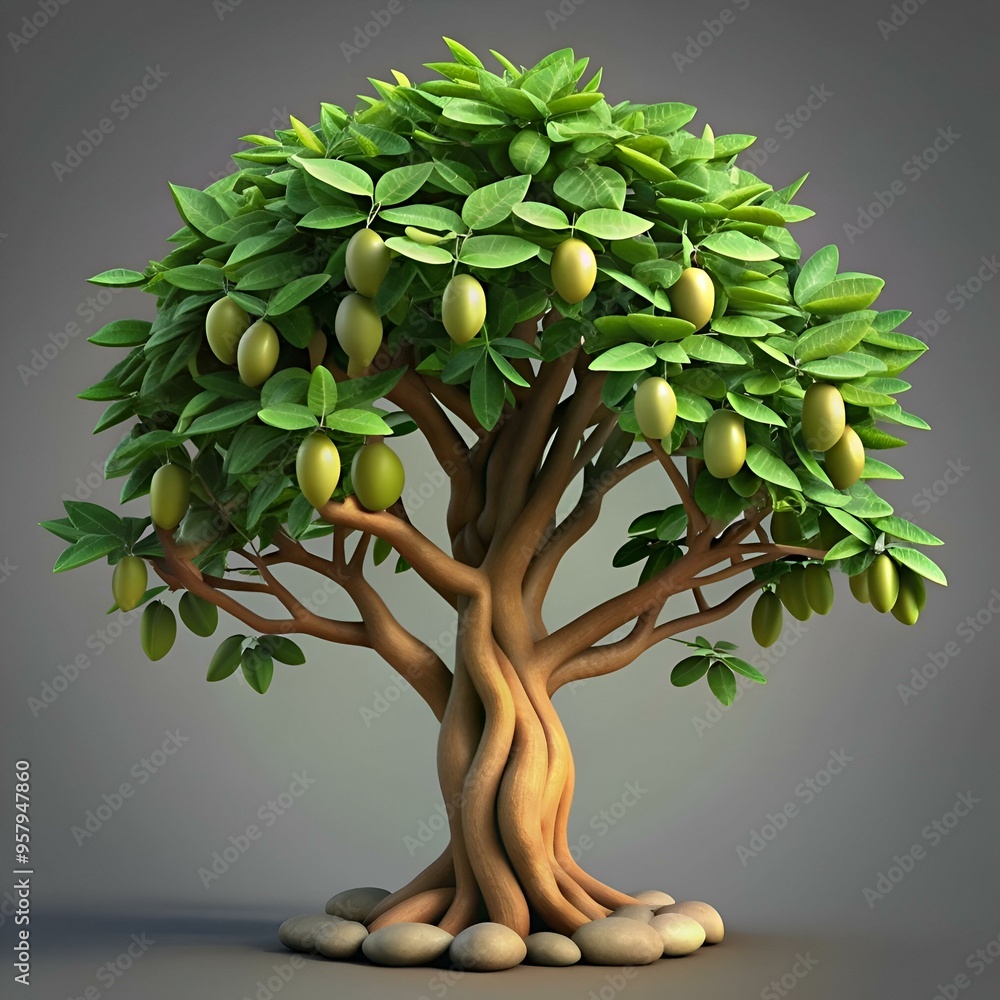 Poster a whimsical 3d illustration of a bean tree. featuring a twisting. textured trunk and a vibrant canop