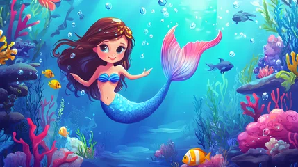 Papier peint photo Sirène Cute mermaid interacts with marine life characters in an underwater fantasy world. adorable cartoon illustration of a young girl with a tail. Mermaid. Illustration  © Thiago