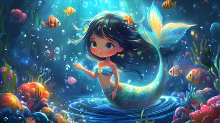 Papier peint photo Sirène Cute mermaid interacts with marine life characters in an underwater fantasy world. adorable cartoon illustration of a young girl with a tail. Mermaid. Illustration  © Thiago
