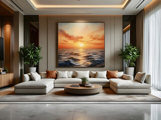 Interior luxury mansion family room plants couches pillows living room furniture table 3d marble with painting of waves on the wall graphic design 