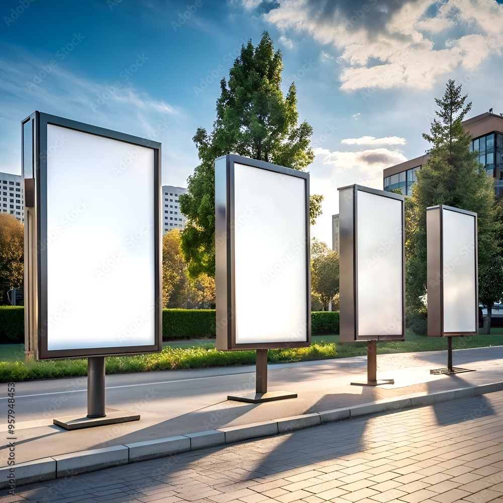 Poster four blank billboard signs in a row on a sidewalk. showcasing your message in a high traffic urban s