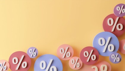 Fototapeta premium Colorful 3D percentage symbols on a pastel yellow background, ideal for financial, discount, and sale-themed design projects.