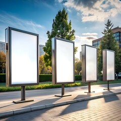 Four blank billboard signs in a row on a sidewalk. showcasing your message in a high traffic urban setting.
