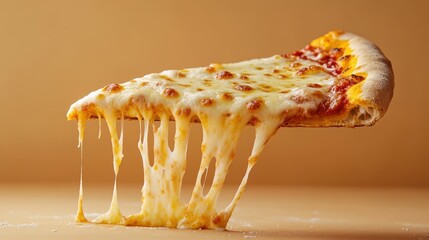 Close-up of a pizza slice flying being pulled, with mozzarella cheese in the air, on a orange background,floating cheesy pizza pieces with melting cheese flying,Italian style pizza slices.