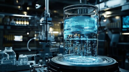 Laboratory setting with a high-tech water gauge measuring fluid dynamics, holographic readings floating above the device, cyberpunk aesthetic, sharp contrasts, and deep shadows.