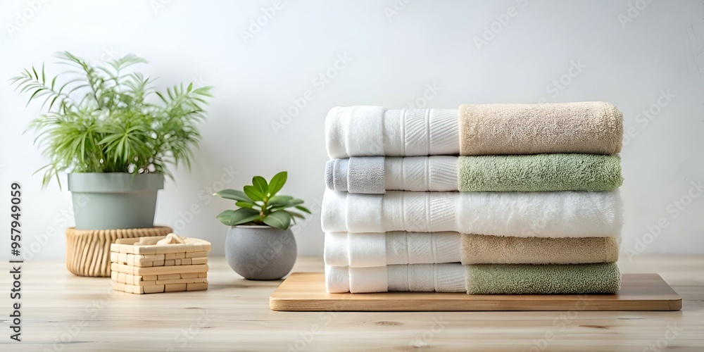 Poster a stack of freshly laundered towels. showcasing various colors and textures. sits invitingly on a wo