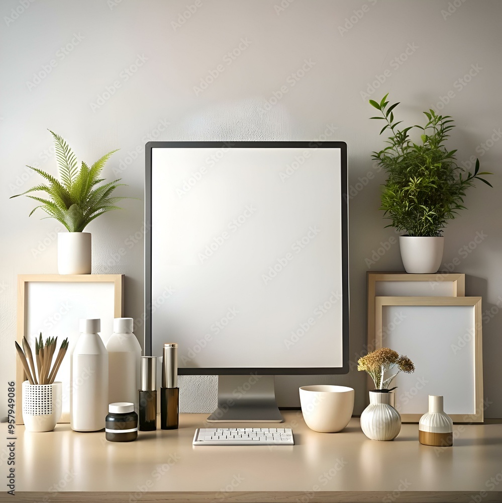 Poster modern and minimalist home office setup with a blank computer screen. wooden frames. and elegant dec