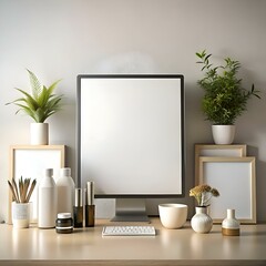 Modern and minimalist home office setup with a blank computer screen. wooden frames. and elegant decor.