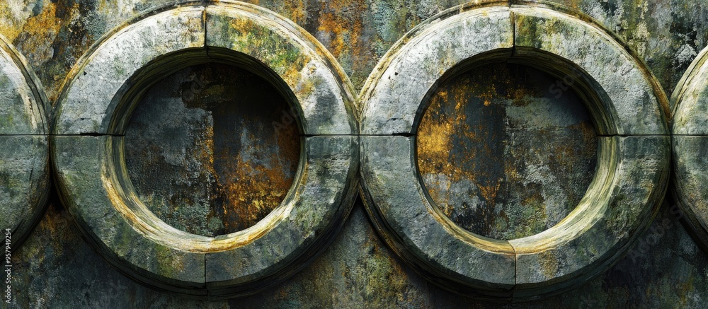Poster 3d rendering of a weathered stone structure featuring stained rings background concept