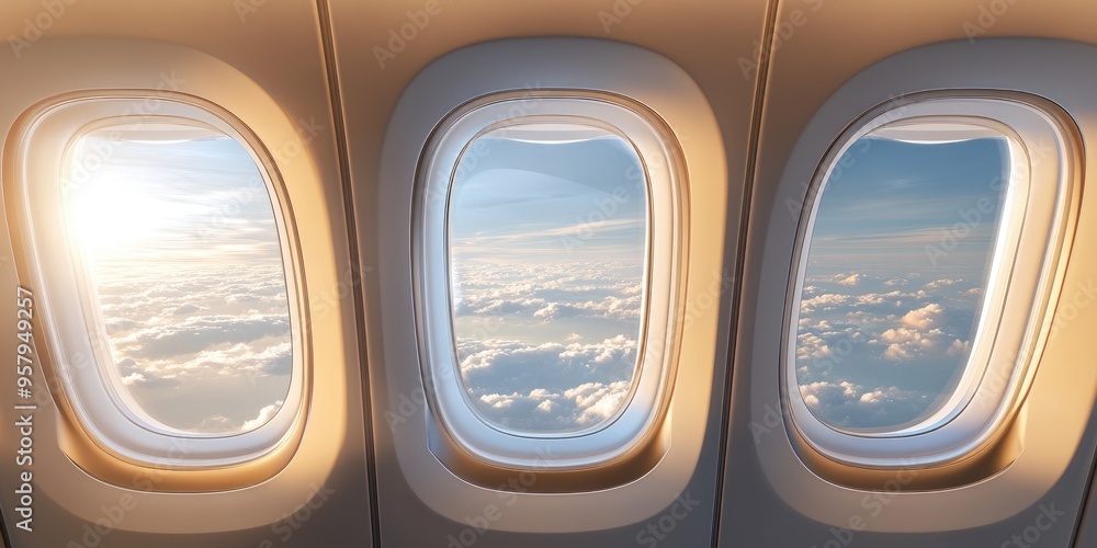 Poster 3D rendering of an airplane window showcasing various perspectives