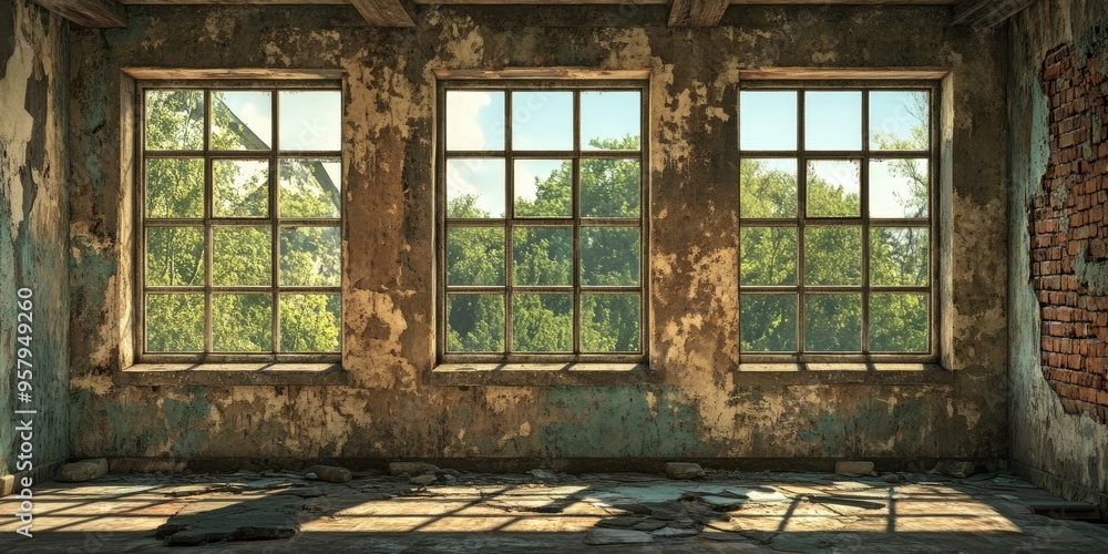 Poster 3d rendering of vintage windows and walls in a dilapidated structure
