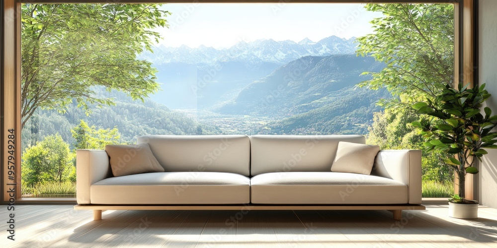 Poster 3d rendering of a modern interior featuring a sofa and a summer landscape viewed through a window
